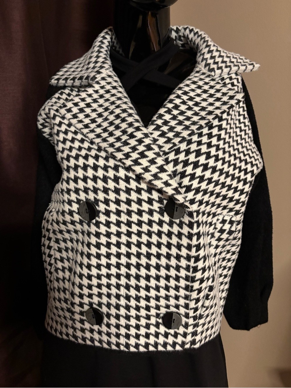 Magaschoni Black & White Houndstooth Double-Breasted Pea Coat